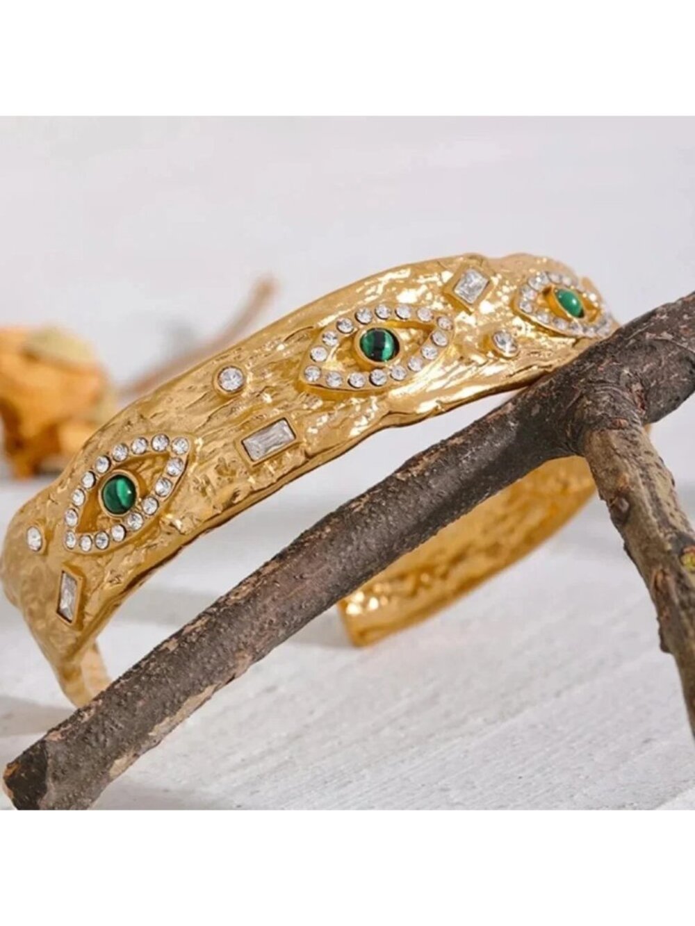 Baroque Malachite Stainless Steel Waterproof Eye Cuff Bracelet
